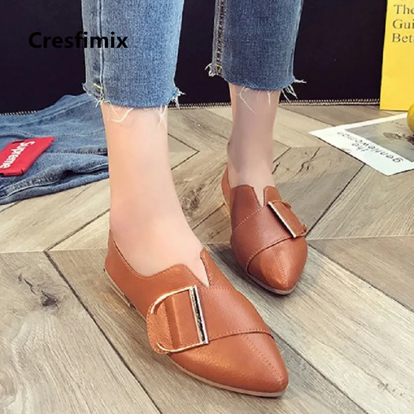 

Cresfimix femmes chaussures plates women cute pu leather soft & comfortable brown flat shoes lady white slip on shoes a2951