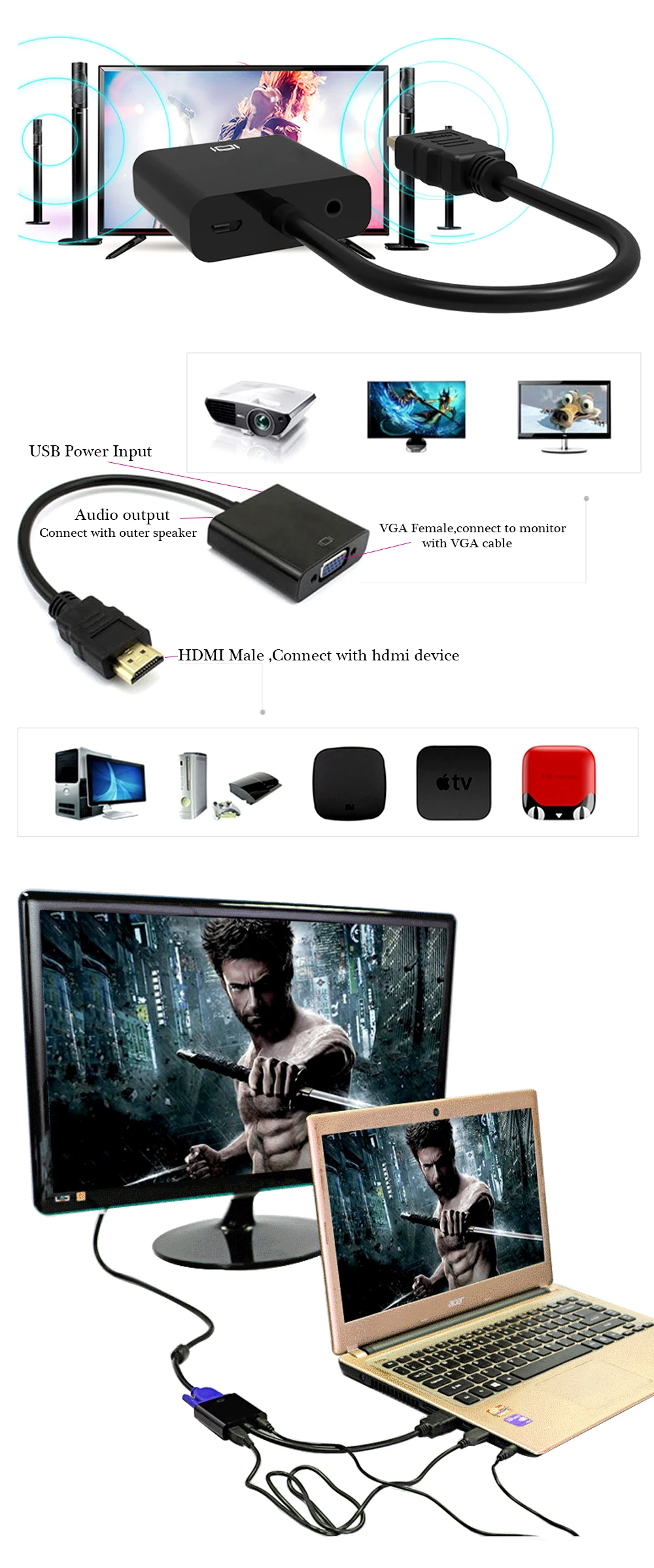 Perlinta HDMI TO VGA с аудио кабель и дополнительные USB Адаптеры питания, позолоченные высокого-Скорость 1080 P HDMI конвертер VGA адаптер