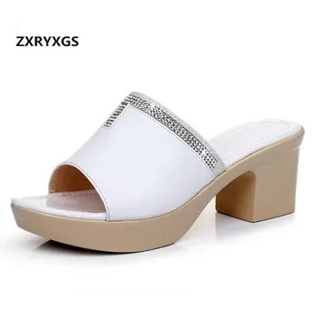 

New Elegant Rhinestone Cowhide Leather Shoes Woman Summer Sandals 2019 Large Size Non-slip Comfort Fashion Shoes Women Slippers