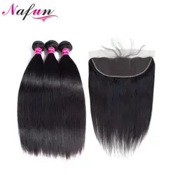 NAFUN волосы прямые человеческих волос Связки с закрытием кружева фронтальной non-реми Малайзия природных Цвет волос 3 Связки с фронтальные