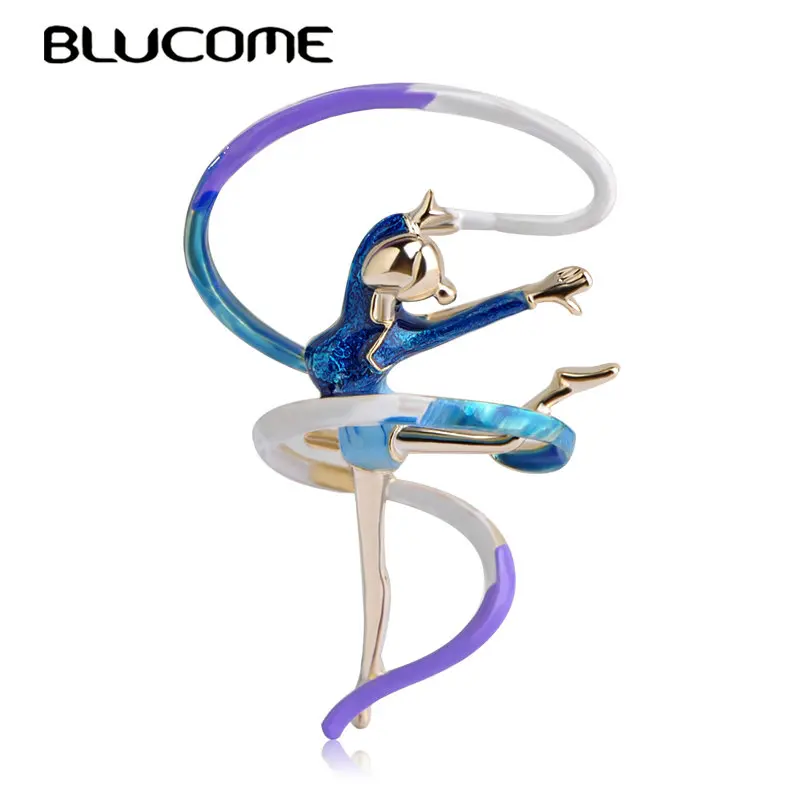 

Blucome Sports Gymnastics Whirling Girls Ribbon Brooch Clothes Accessories Gold-color Enamel Brooches Lady Women Jewelry Pins