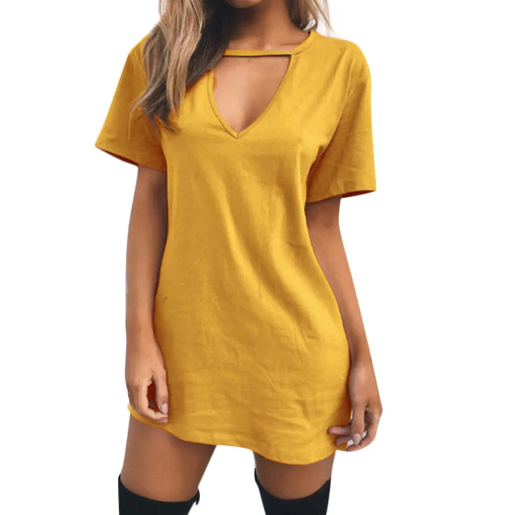 Женская пляжная юбка, Женский чокер с v-образным вырезом, Длинные Топы, футболка, Женские Повседневные Вечерние мини-платья - Цвет: Yellow