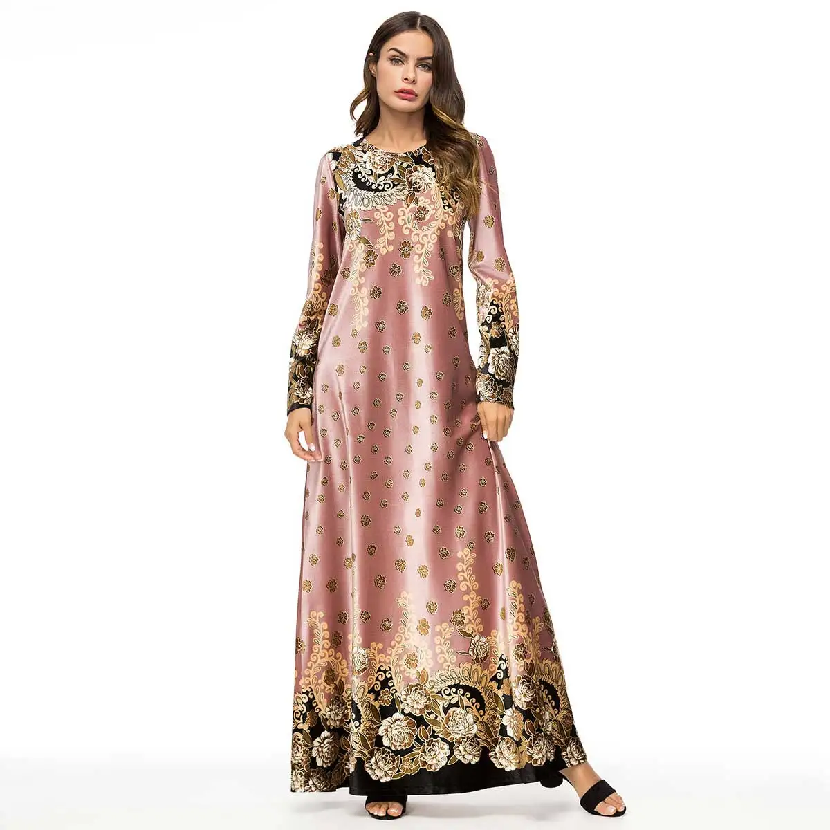 

2019 Spring Autumn Floral Printed Velvet Maxi Dress Oversized Women Chic Vintage Muslim Dress Plus size Ramadan Clothes VKDR1470