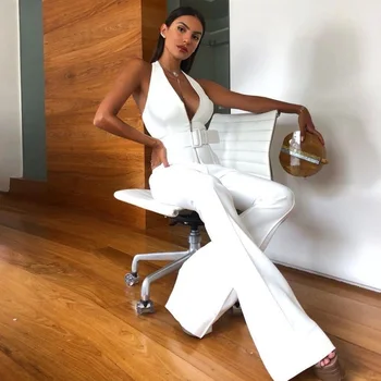 

White Elegant Wide Leg Jumpsuit Sleeveless Sexy Halter Backless Deep V Neck Office Party Dungarees Macacao Streetwear Romper