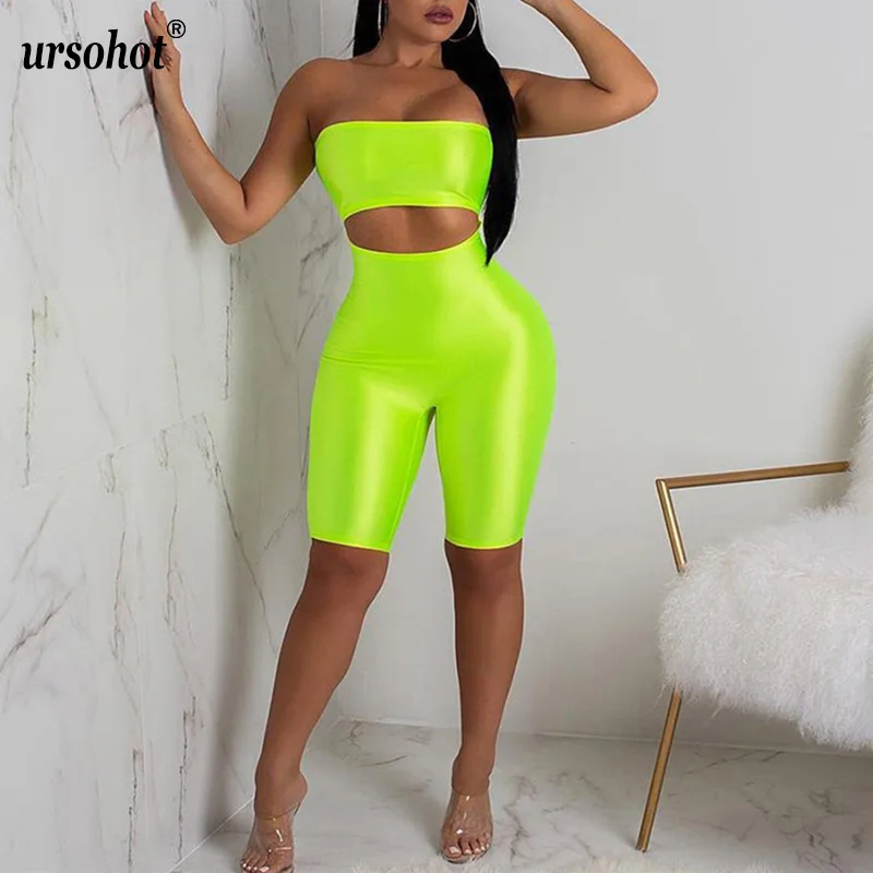 Ursohot Сексуальная с плеча без бретелек Playsuit Для женщин клуба вечерние Фитнес флуоресценции зеленый комбинезон Винтажный комбинезон для