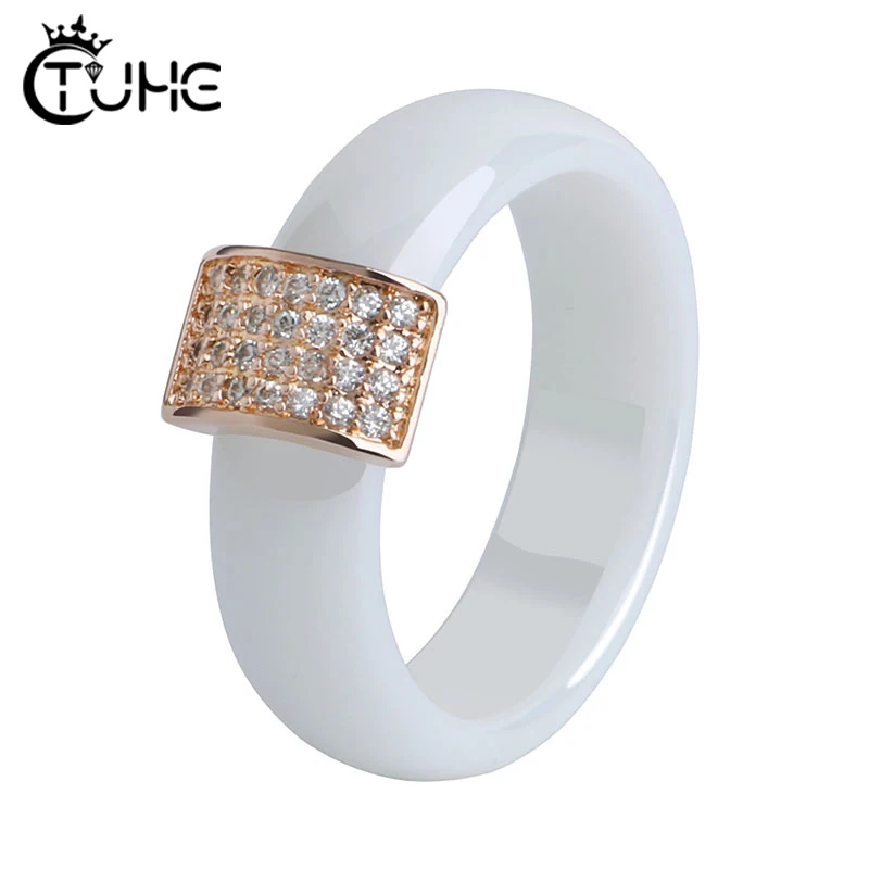 

585 Rose Gold Crystal Wedding Band Ring Width 6mm Size 6-9 Gift For Men Black White Ring Ceramic Ring For Women Wedding Jewelry