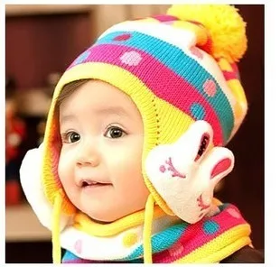Winter crochet hooded baby hats Bunny cap sleeve + scarf for children girls newborn outfits bonnet children clothes accessories
