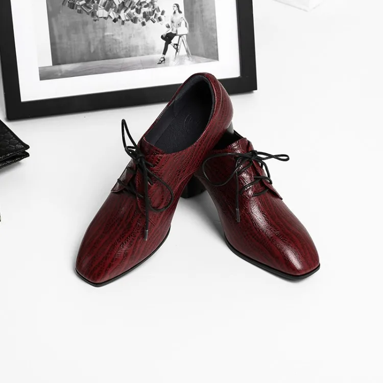 

MLJUESE 2019 women pumps sheepskin autumn spring lace up red color square toe high heels pumps lady shoes size 34-42