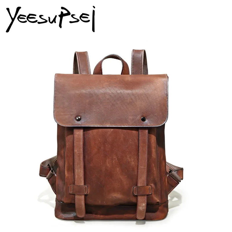

YeeSupSei Male Functional Bag Fashion Men Backpack Vintage Crazy Horse Leather Backpack Big Capacity Men Travelling Laptop Bag