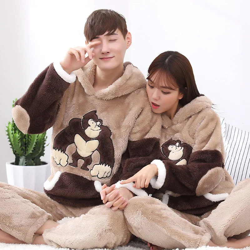 

Winter men's sleeper unisex 3D hooded pajamas set soft warm contrast color lover home clothes Korea women thick sleepwear suits