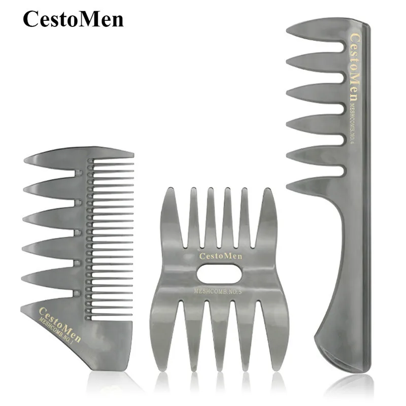 

CestoMen Handle Grip Large Tooth Detangling Curly Hair Comb Back Head Styling Beard Oil Comb Men Hairdressing Wide Teeth Comb