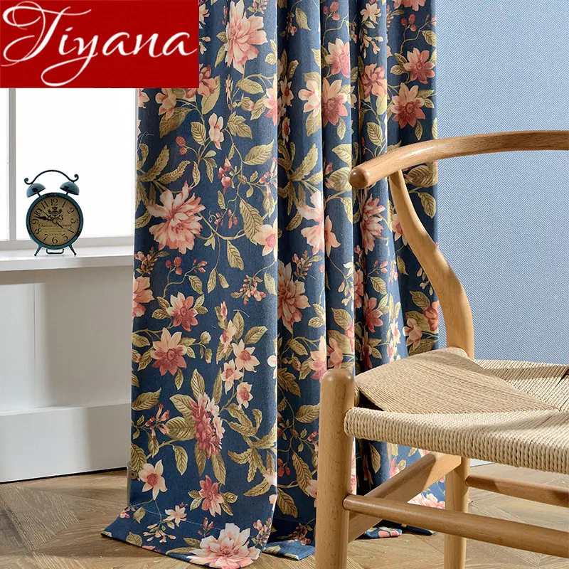 Blue Curtains for Window Bedroom Floral Print for Living Room White