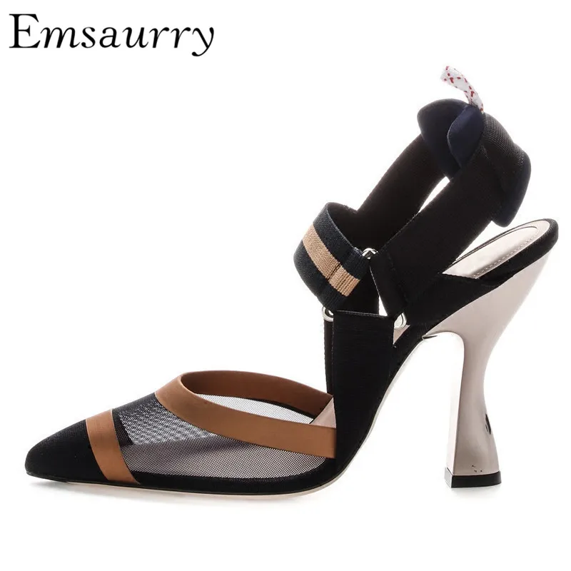 

2019 Summer Air Mesh Gladiator Sandals Women Stripe Patchwork Elastic Strappy Point Toe Slingback High Heel Shoes Woman