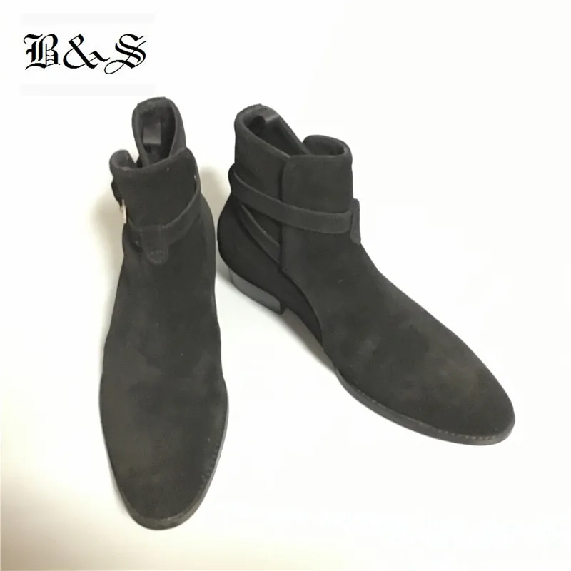 Черные и уличные мужские замшевые ботинки с острым носком и пряжкой; кожаные ботинки с острым носком на танкетке