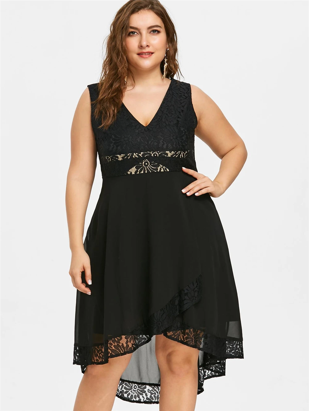 5XL Plus Size Women High Waisted Black Dress Female Lace Hollow Out