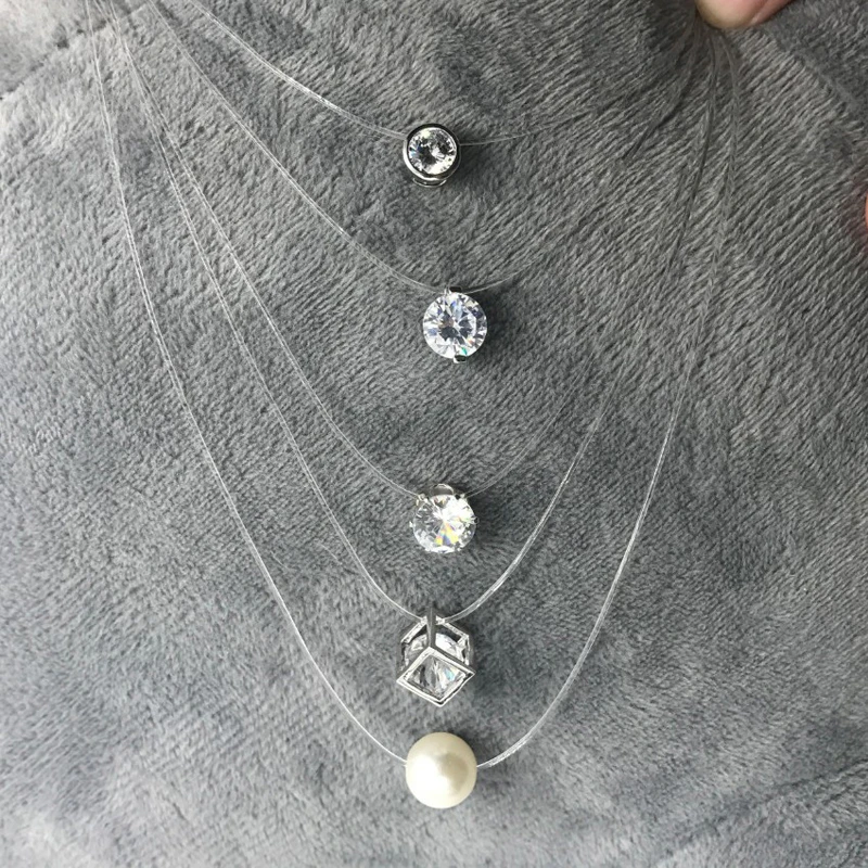 Модное квадратное ожерелье с искусственным жемчугом, Cz камень, кристалл, циркон, невидимая прозрачная леска, цепочка, ожерелье для женщин и девушек