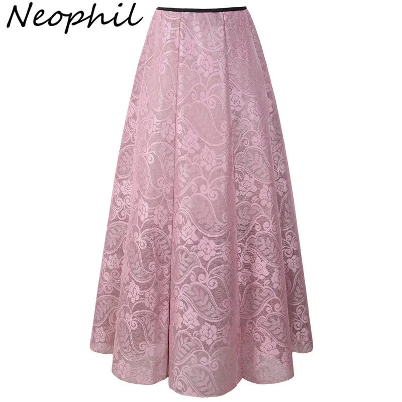 

Neophil 2019 Vintage Ladies Floral Lace Mesh Women Long Skirts Muslim Maxi 100cm High Waist Pleated Print Boho Longa Saia MS1607