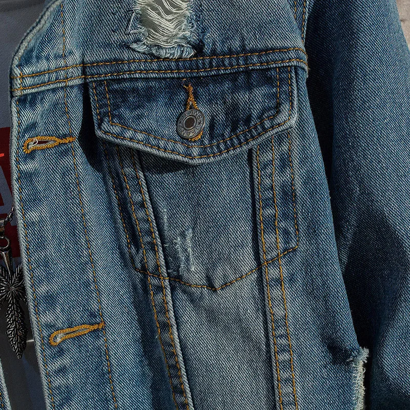 Мужские рваные джинсы с лентой куртки вымытые деним Мужская Уличная Хип-хоп винтажная куртка весенние мужские пальто и куртки M-3XL