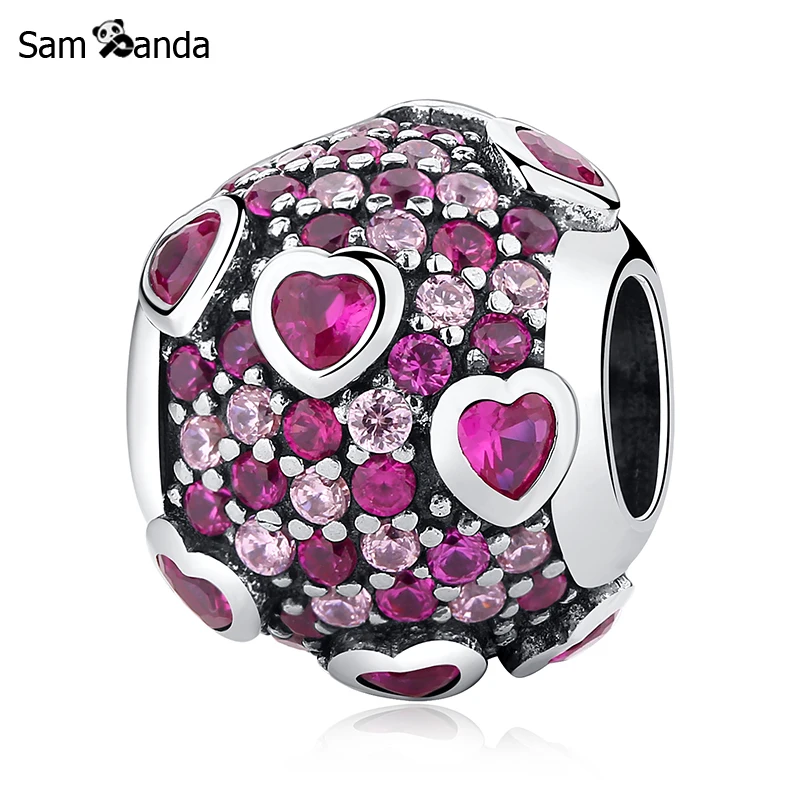 Valentine's Day 925 Sterling Silver Charm Pink Cyrstal Heart Bead Fits