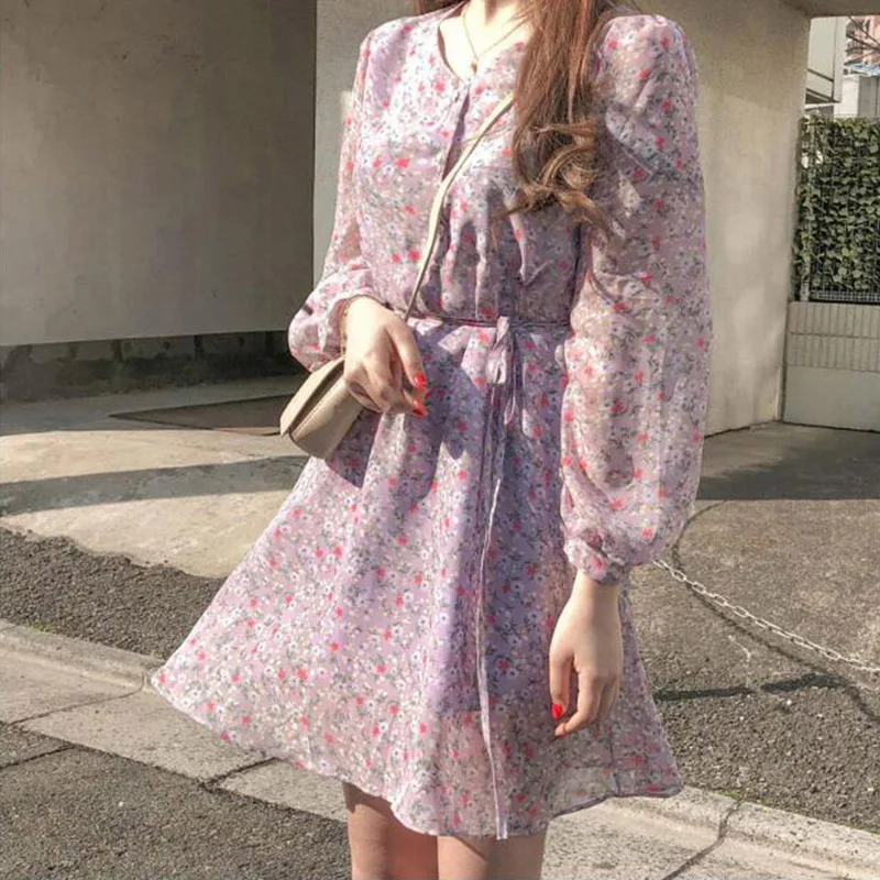 

2019 New Women Summer Floral Chiffon Dress Button V-neck Long Sleeve A-line Vintage Plus Size Short dress cc582