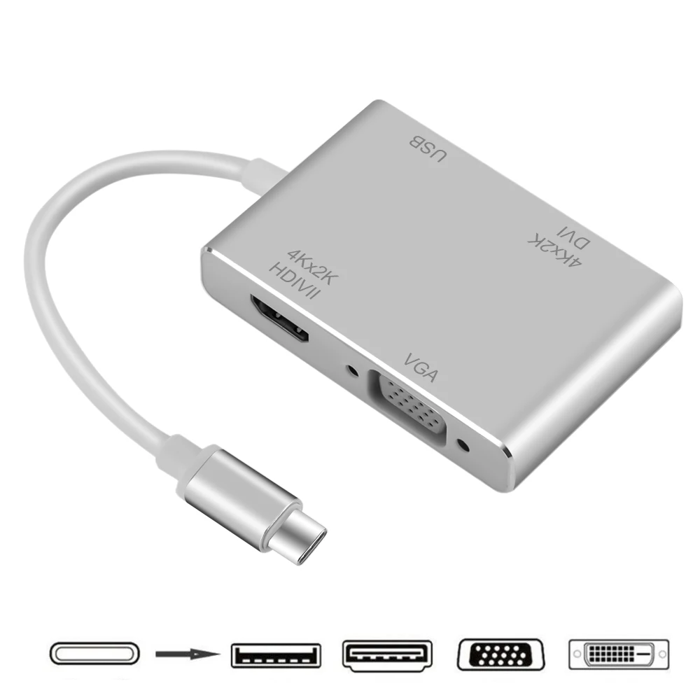 Kebidu 4 в 1 USB 3,1 USB C Тип C штекерным HDMI VGA DVI USB 3,0 кабель-адаптер для Apple VGA кабель ноутбука