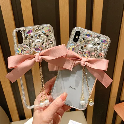 

LaMaDiaa For Samsung Galaxy M10 M20 M30 C7 C8 C9 C10 Pro G530 G360 Coque Cute glitter Rhinestone bow pearl soft Phone Case