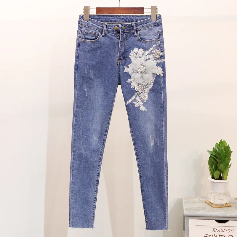 Осень, длинные джинсы для женщин, новые узкие брюки-карандаш с тяжелой вышивкой, брюки для девушек, студенческая мода, синие джинсы, верхняя одежда