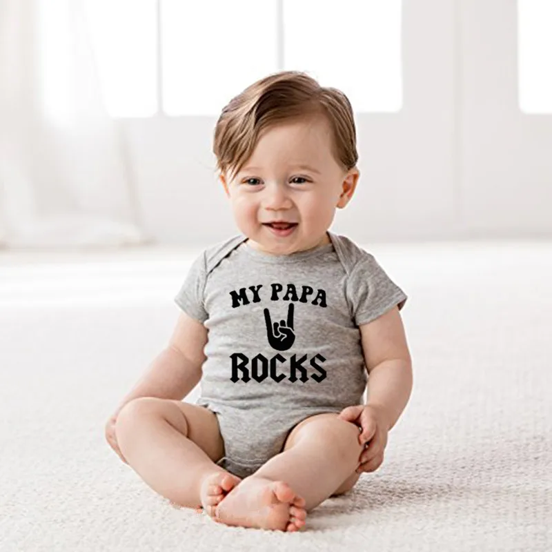 Funny MY PAPA ROCKS Print Baby Bodysuit Cotton Short Sleeve Newborn Baby Boys Girls Clothes Newborn Summer Onesie Jumpsuit - Цвет: Серый