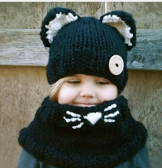 Г., зимняя черная вязаная шерстяная мягкая теплая шапка с котом для маленьких девочек, шаль с капюшоном, шапка-хомут для детей от 2 до 9 лет - Цвет: Черный