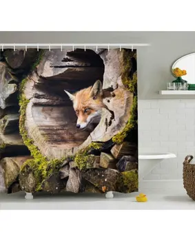 

Animal Shower Curtain Nature Wild Fox Forest Print For BathroomFabric Washable Waterproof With Rings
