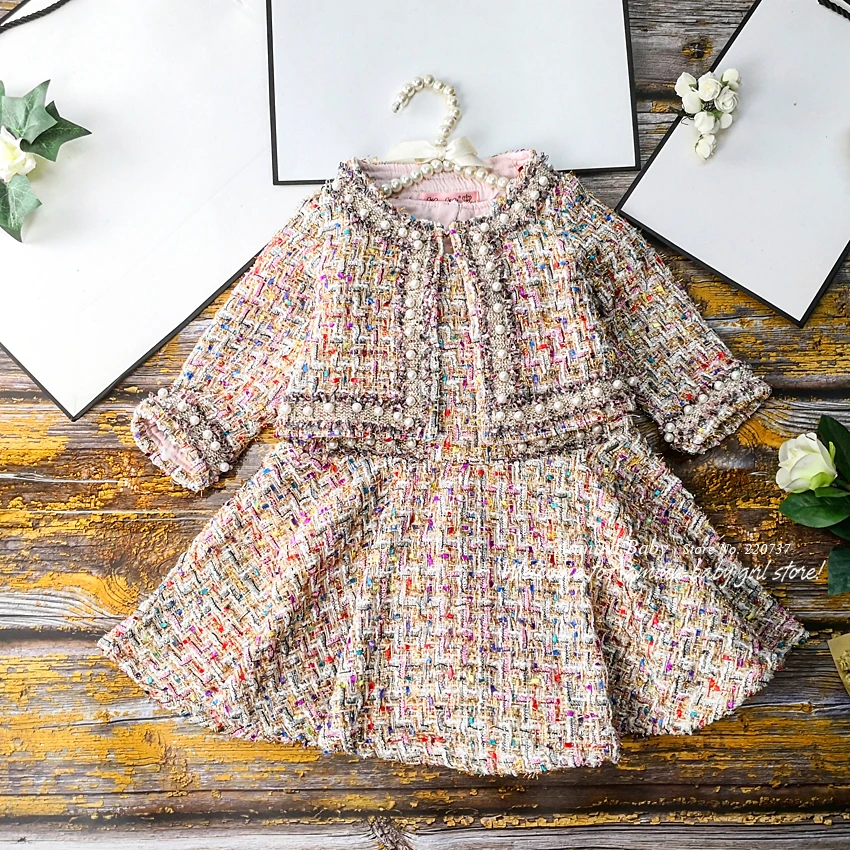 

6594 Pearls Christmas Thanksgiving Toddler Princess Winter Autumn Baby Girl Clothing Set Outwear Coat + Dress Wholesale Clothes