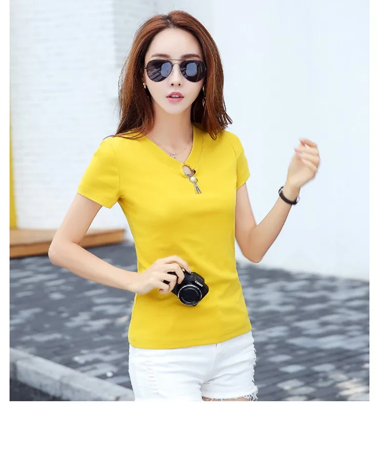 Summer T-shirts For Women 2018 Korean Fashion Tops Tees Female Hole V-neck Tshirt Lady Casual Short Sleeve Poleras Mujer  (4)