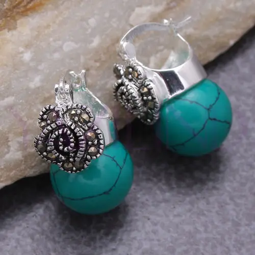 

FREE SHIPPING>>> Turquoise Green Round Ball 925 Sterling Silver Dangle Earrings New