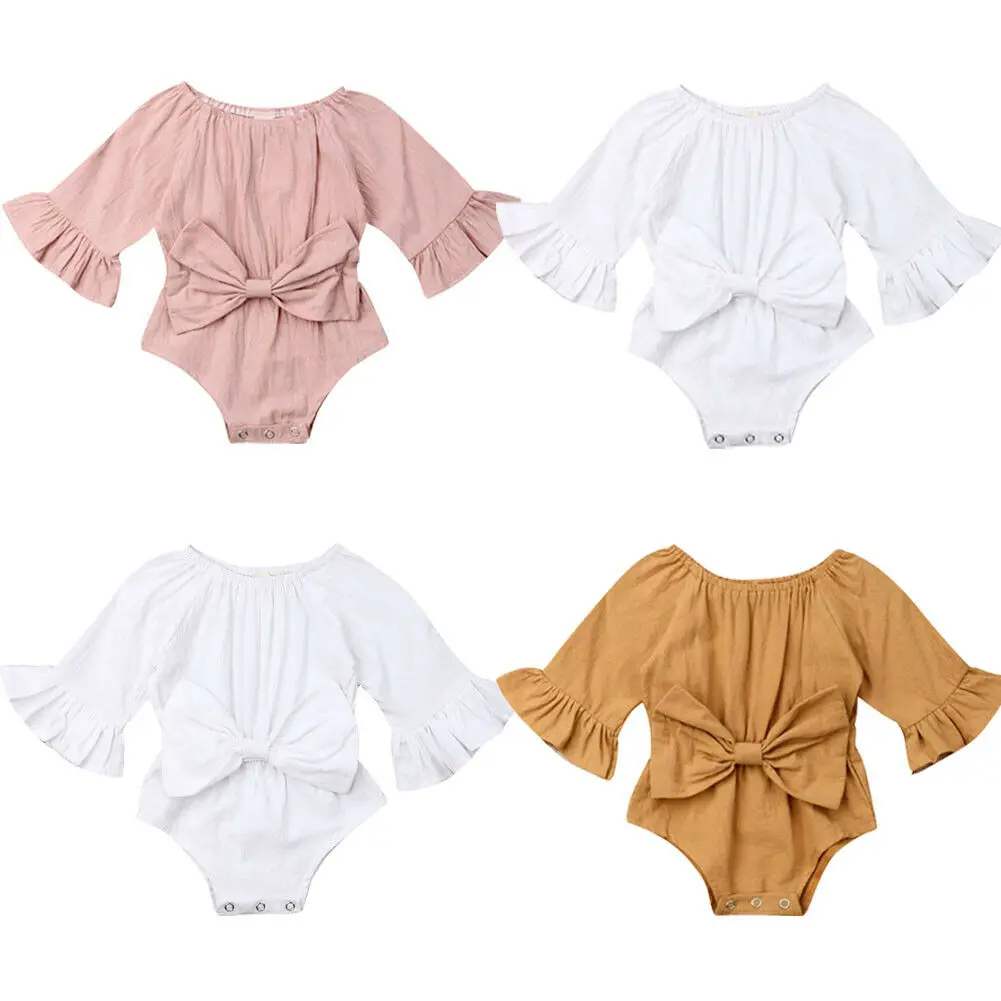 

0-24M Newborn Baby Girl Ruffle Flare Long Sleeve Outfit Off Shoulder Big Bowknot Romper Solid Color Linen Cotton Casual Summer