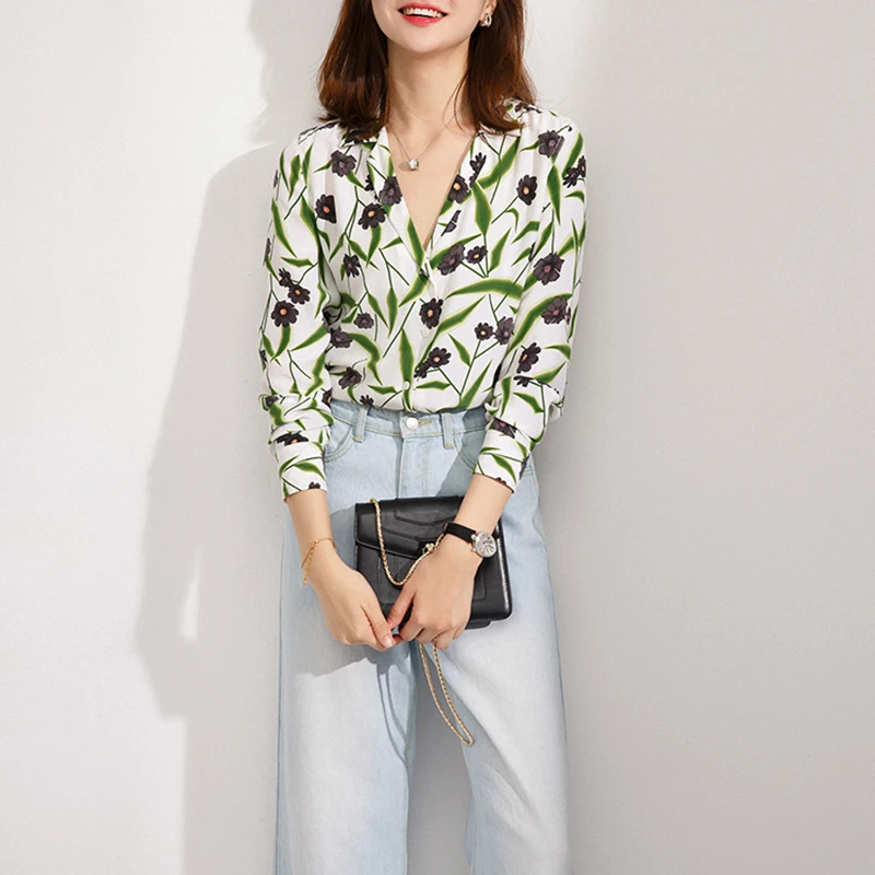 Acheter 100% soie naturelle blouse imprimer fleur chemise en mousseline de soie blusas femmes office lady haute qualité surdimensionné piste blouse chemise 2018 nouveau
