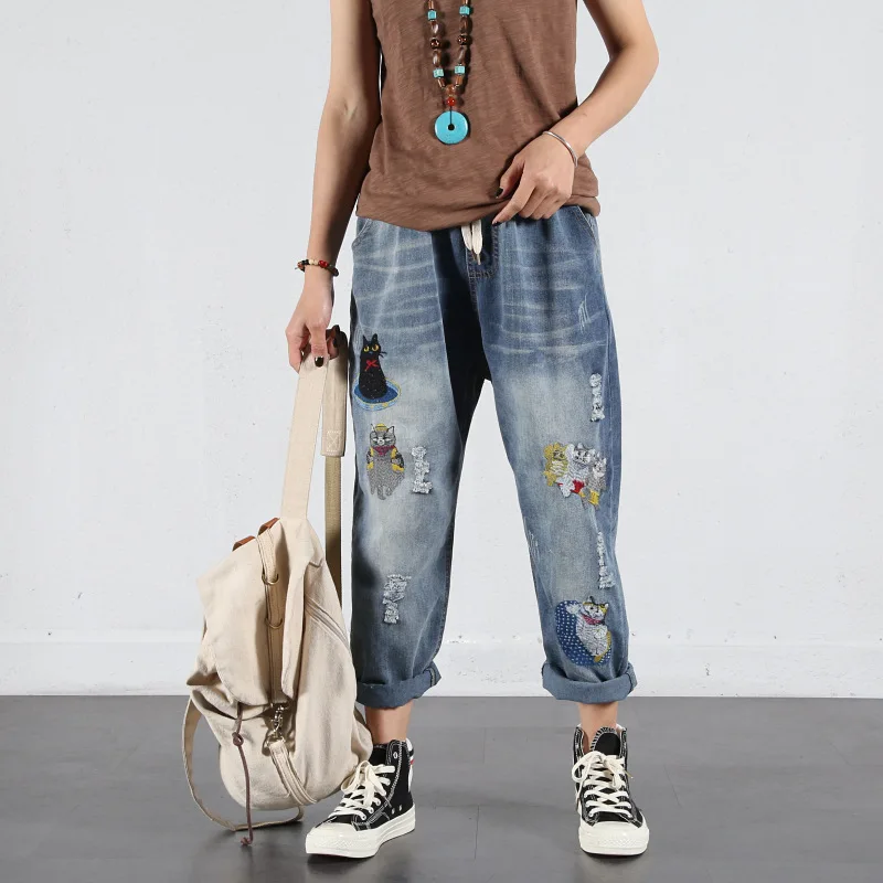 

New Old Blue Embroidery Denim Casual Pants Cartoon Embroidered Elastic Waist Uniform Code Denim Harem Pants Nine Jeans Women