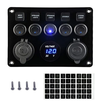 

5 Gang LED Switch Panel 12V Power Outlet 12V USB Charger 4.2A Digital Voltmeter Toggle Switch Control for Boat Camper Marine RV