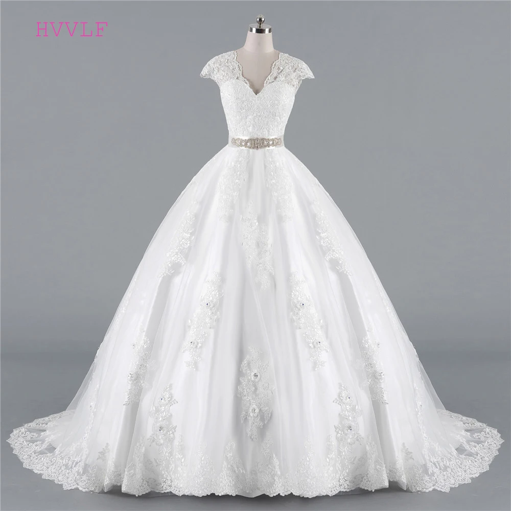 Плюс размеры Vestido De Noiva 2019 Свадебные платья бальное платье кепки рукава тюль кружево Sash Дешевые Свадебное платье в богемном стиле Свадебные