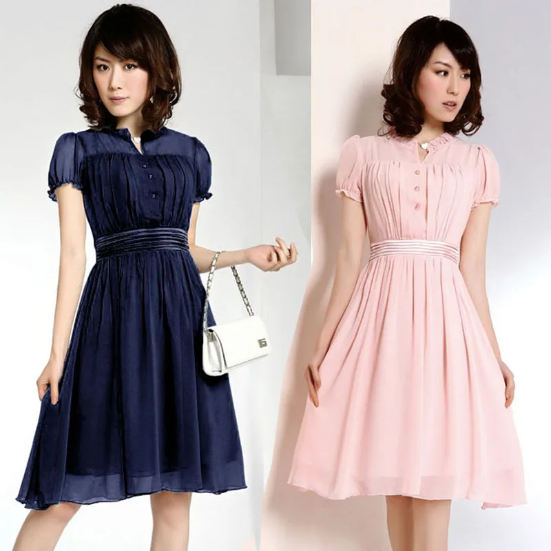 New 2014 women summer dress girl casual dress V neck pleated chiffon