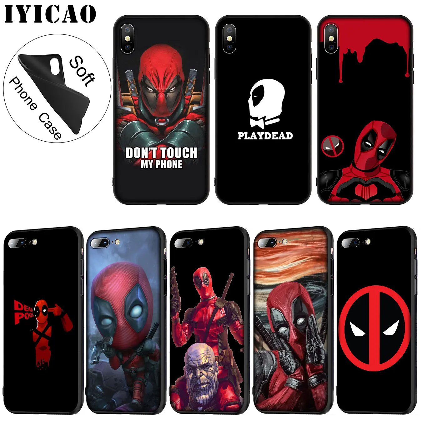 

IYICAO Deadpool Movie Marvel Soft Silicone Phone Case for iPhone XR X XS Max 6 6S 7 8 Plus 5 5S SE TPU Black Cover