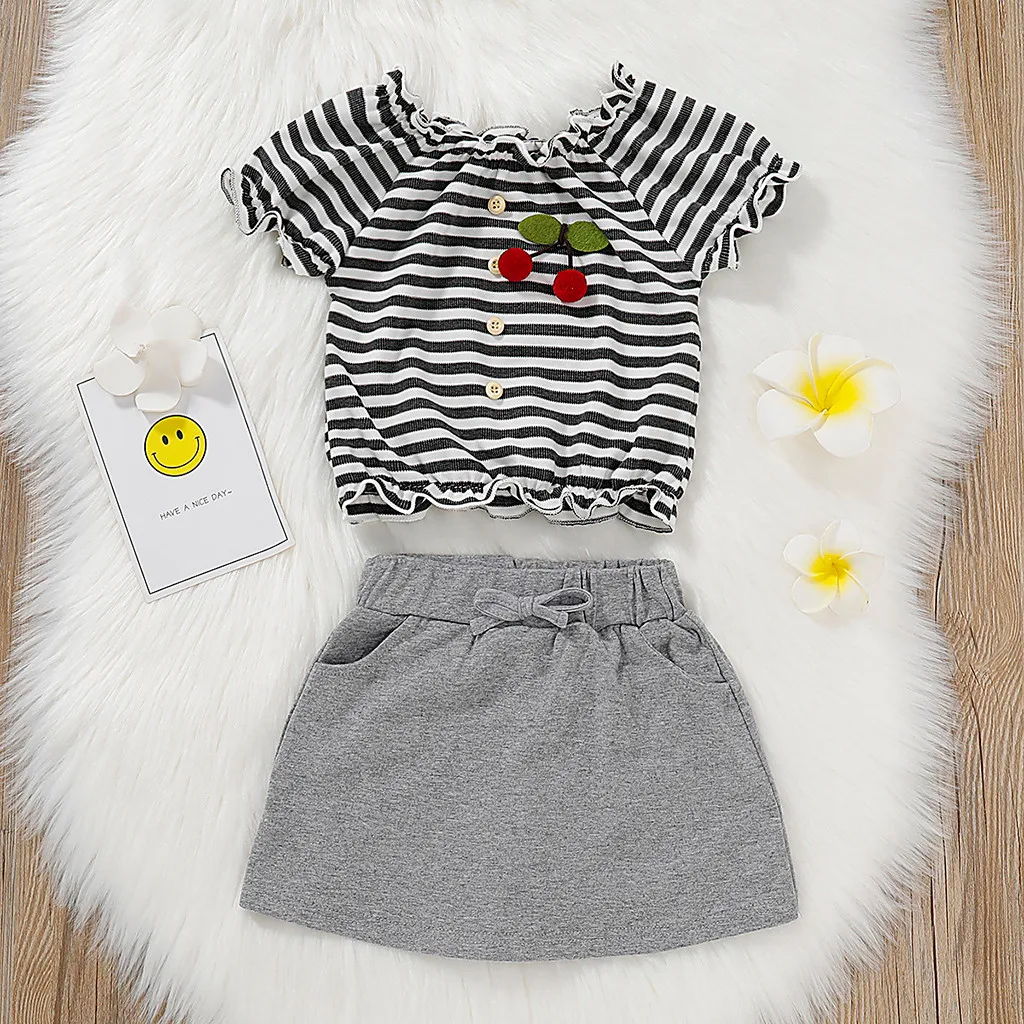 

Kids Clothes Girls Cotton Baby Clothes Girl Sets Summer Two pieces Cherry Striped Print Tops+Pant skirt Toddler Outfits L0603