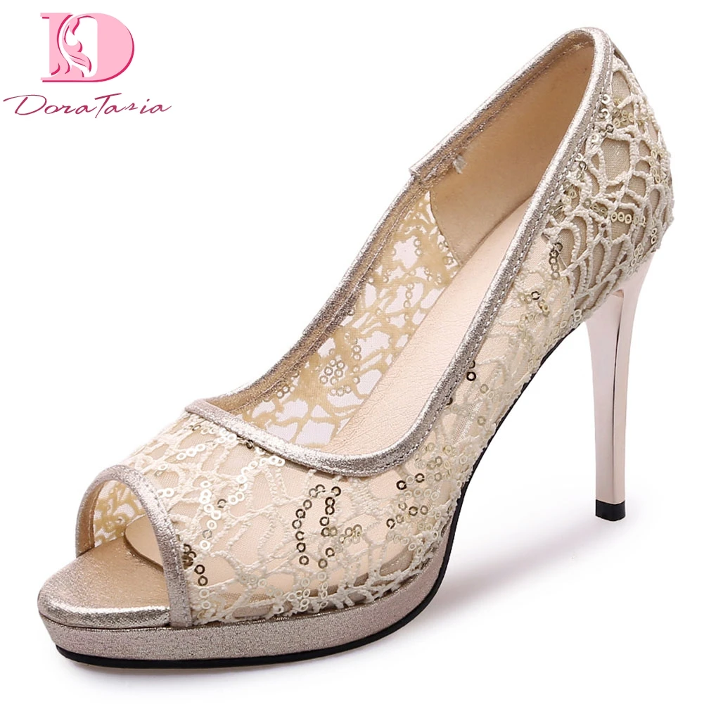 

DoraTasia Luxury Fashion Big Size 33-42 High Heels Summer Women Shoes Fashion Party Shoes Peep Toe Bling Women Pumps