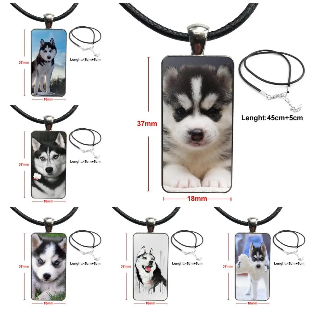 

For Women Glass Cabochon Choker Pendant Rectangle Necklace Stainless Steel Color Jewelry Funny Dog Husky Puppy