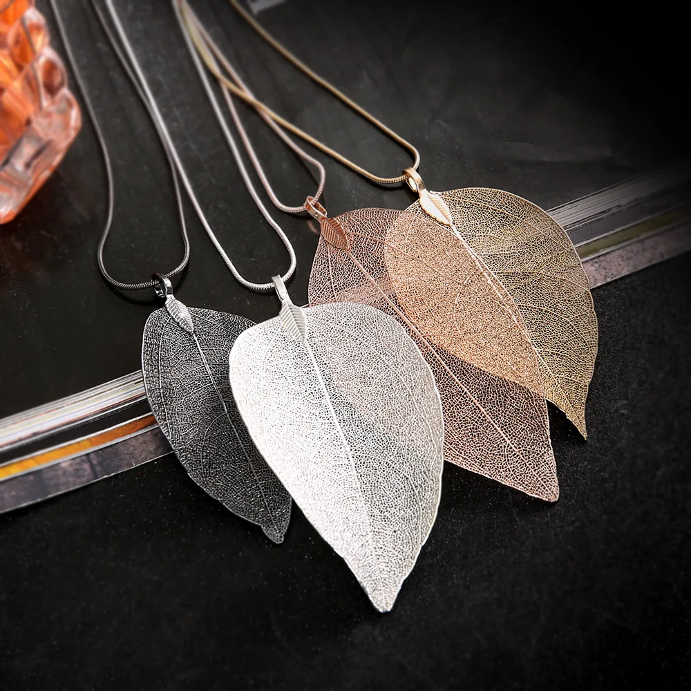 

New Arrival 4 Colors Unique Rose Gold True Real Leaves Necklace Fashion Brand Natural Leaf Long Pendant Necklace for Women