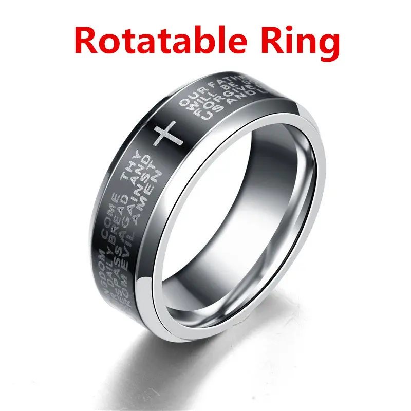

8mm English Serenity Bible Prayer Cross Stainless Steel Rings For Men Wedding Ring Engagement Rotatable Ring
