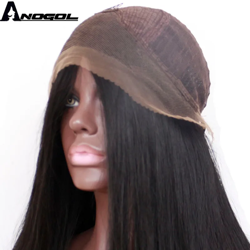Anogol Handmade Long Straight Black Synthetic Lace Front Wig Glueless Middle Parting Space Heat Resistant For Black Women