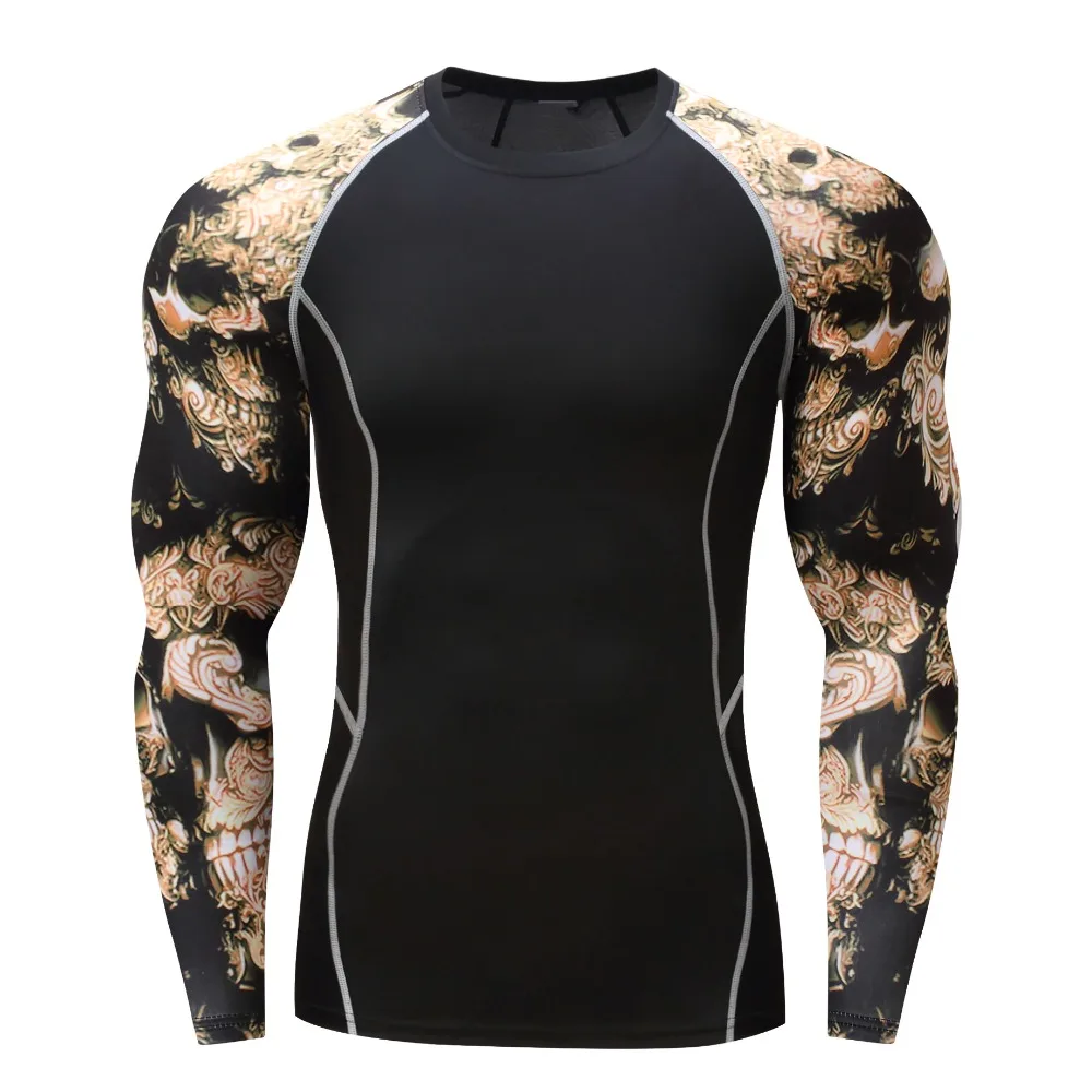 

New Muscle Men Compression Tight T-shirt Long Sleeves Double Sides Prints MMA Rashguard Fitness Base Layer Weight Lifting Wear