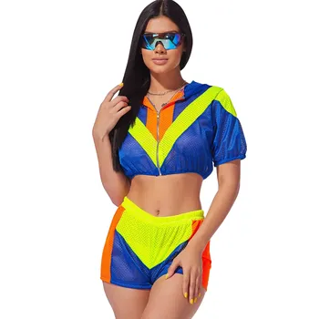 

2019 Summer Sporting Two Piece Set Women Tracksuits Splicing Hooded Mesh Trench Top Biker Shorts Sets Women Set