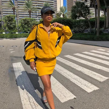 

Echoine Autumn Two Pieces Set tracksuit women Casual Long Sleeve Jacket and Mini Skirt matching sets club outfits Yellow Outwear