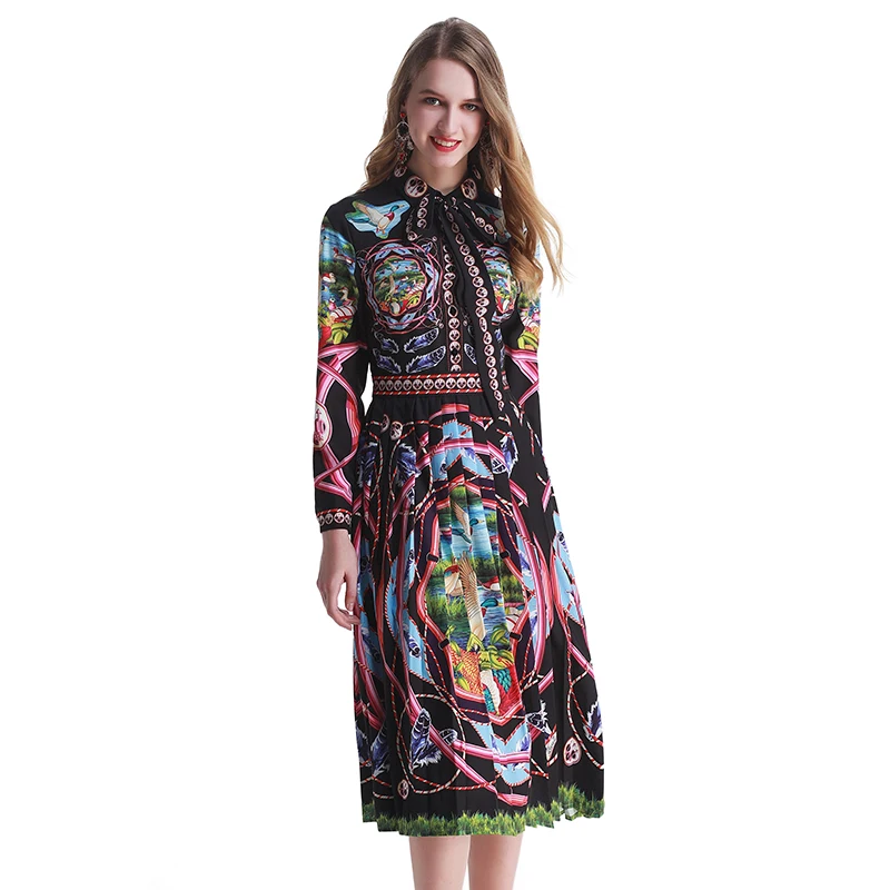 

Women Vintage Print Runway Autumn Dress V-Neck Long Sleeve Bow Collar Office Lady Vacation Printed Dresses Female Vestidos
